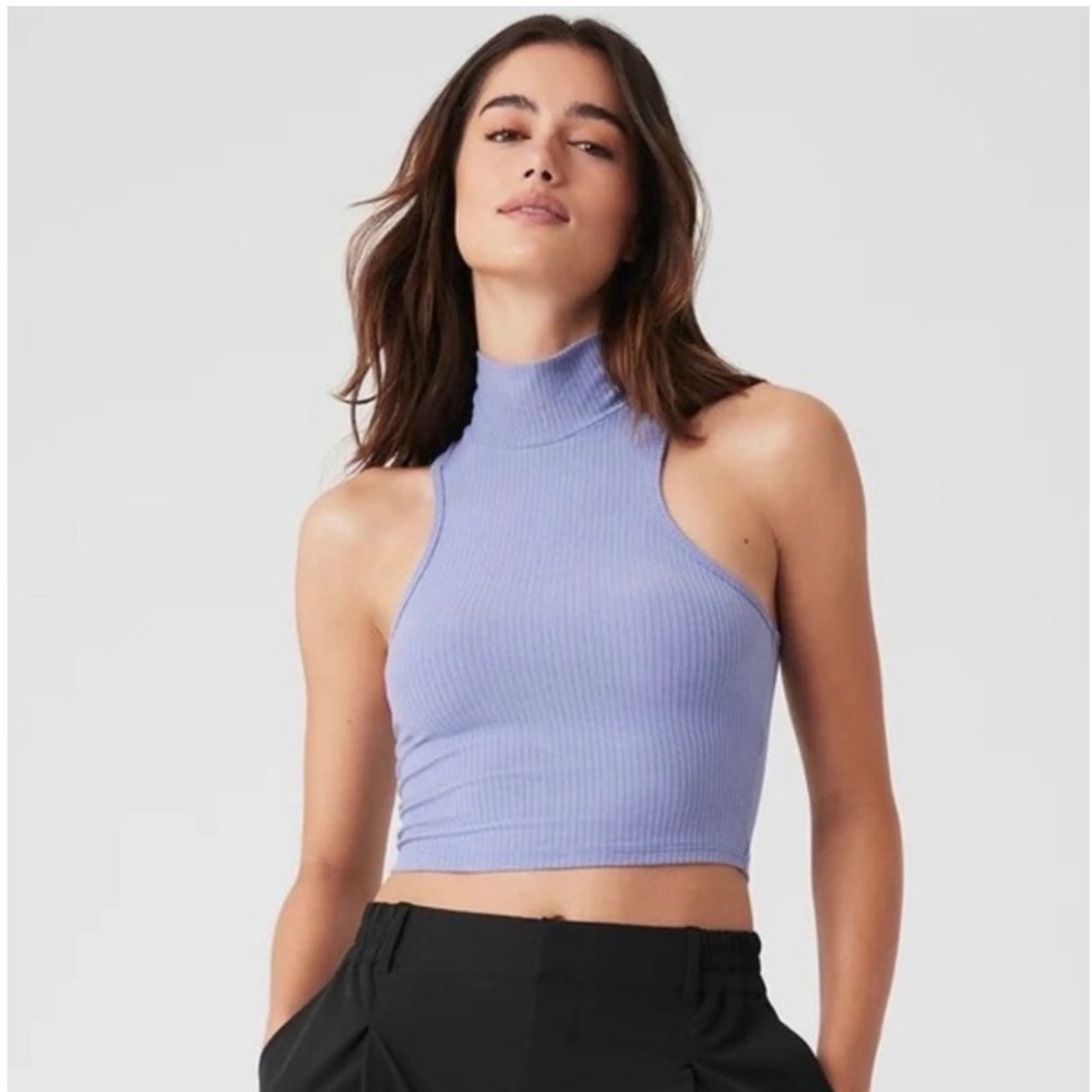 Alo Yoga Ribbed Sea Coast Cropped Turtleneck Tank Lilac Blue Size S
